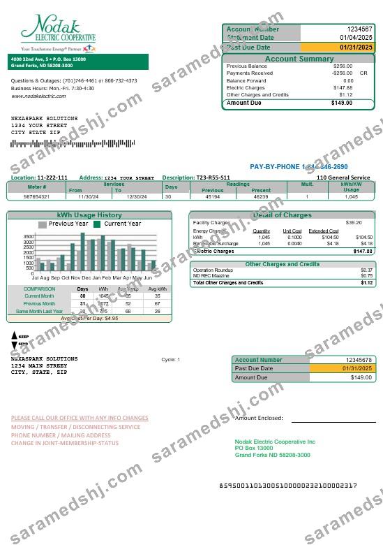 USA North Dakota Nodak Electric Cooperative business utility bill template in Word and PDF formats